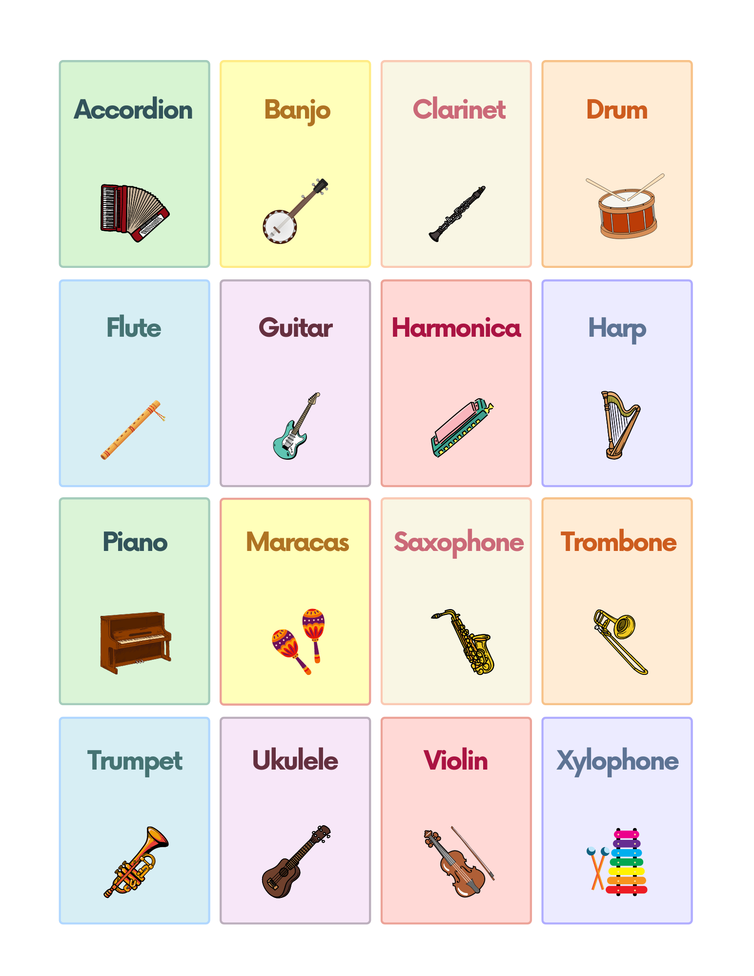 Preschool Instrument Flash Cards Printable Preschool Instrument Flash Cards Printable