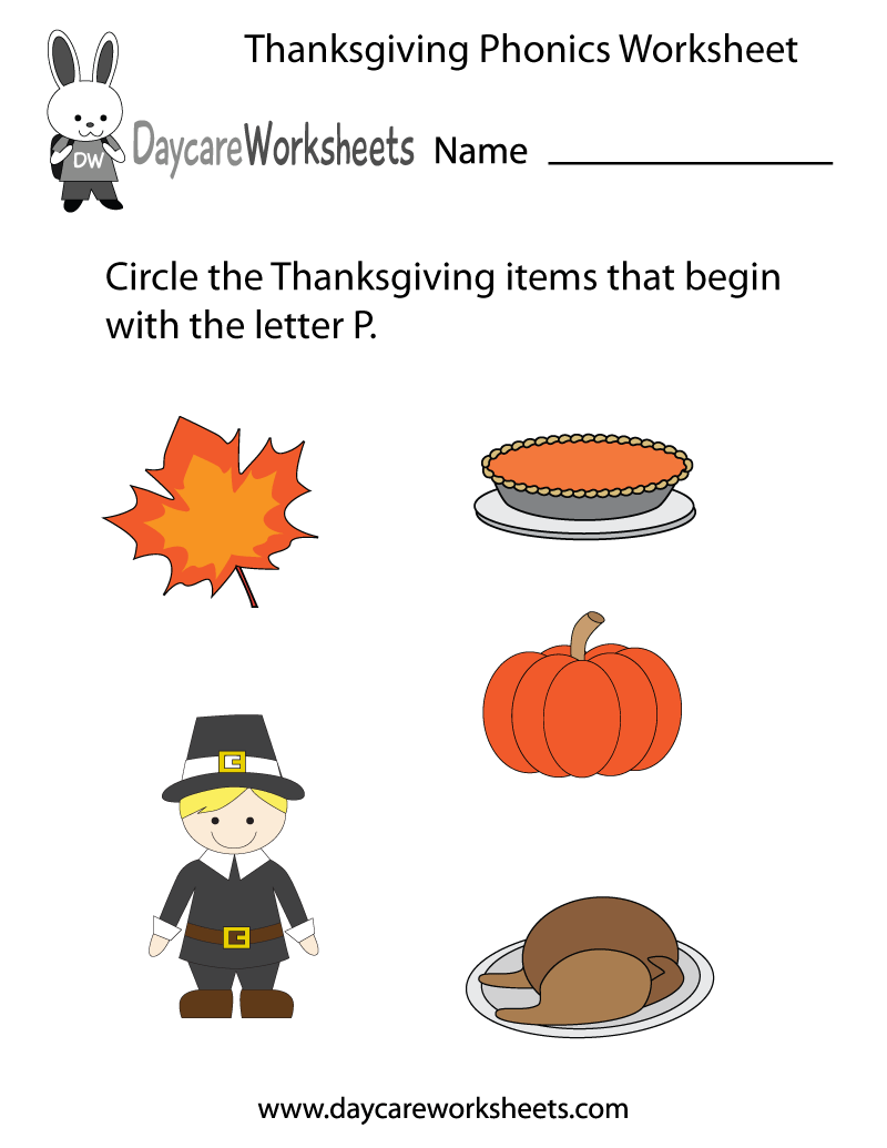 Free Preschool Thanksgiving Phonics Worksheet