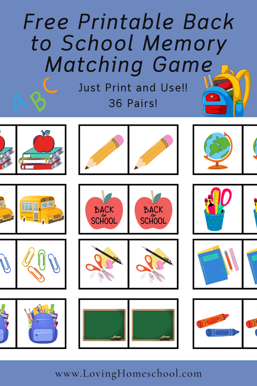Free Printable Back To School Memory Matching Game