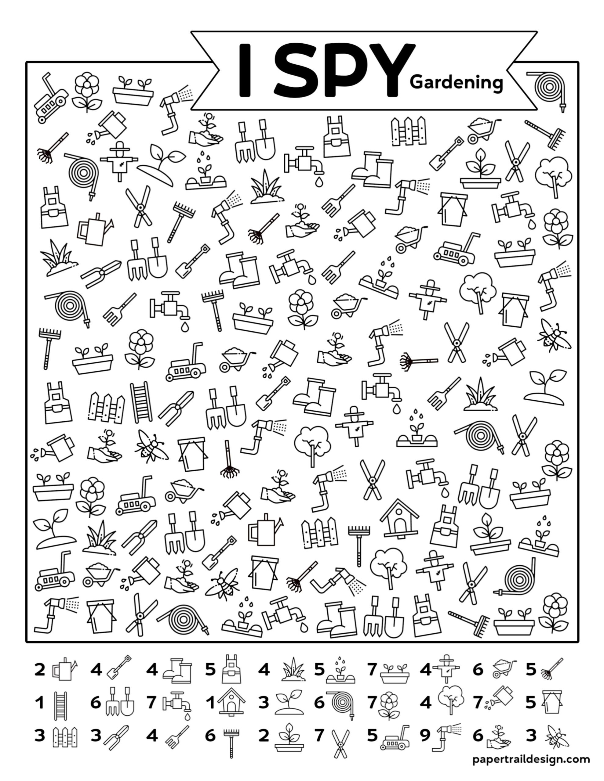 Free Printable Gardening I Spy Activity Paper Trail Design