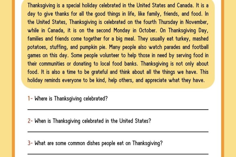 Free Printable Thanksgiving Reading Comphension Worksheets