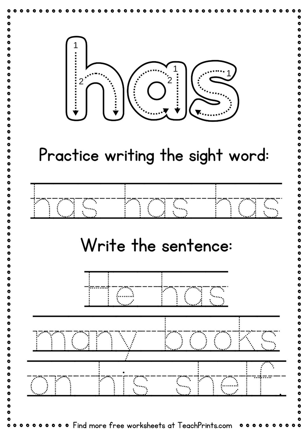 Has Sight Word Worksheet Kindergarten