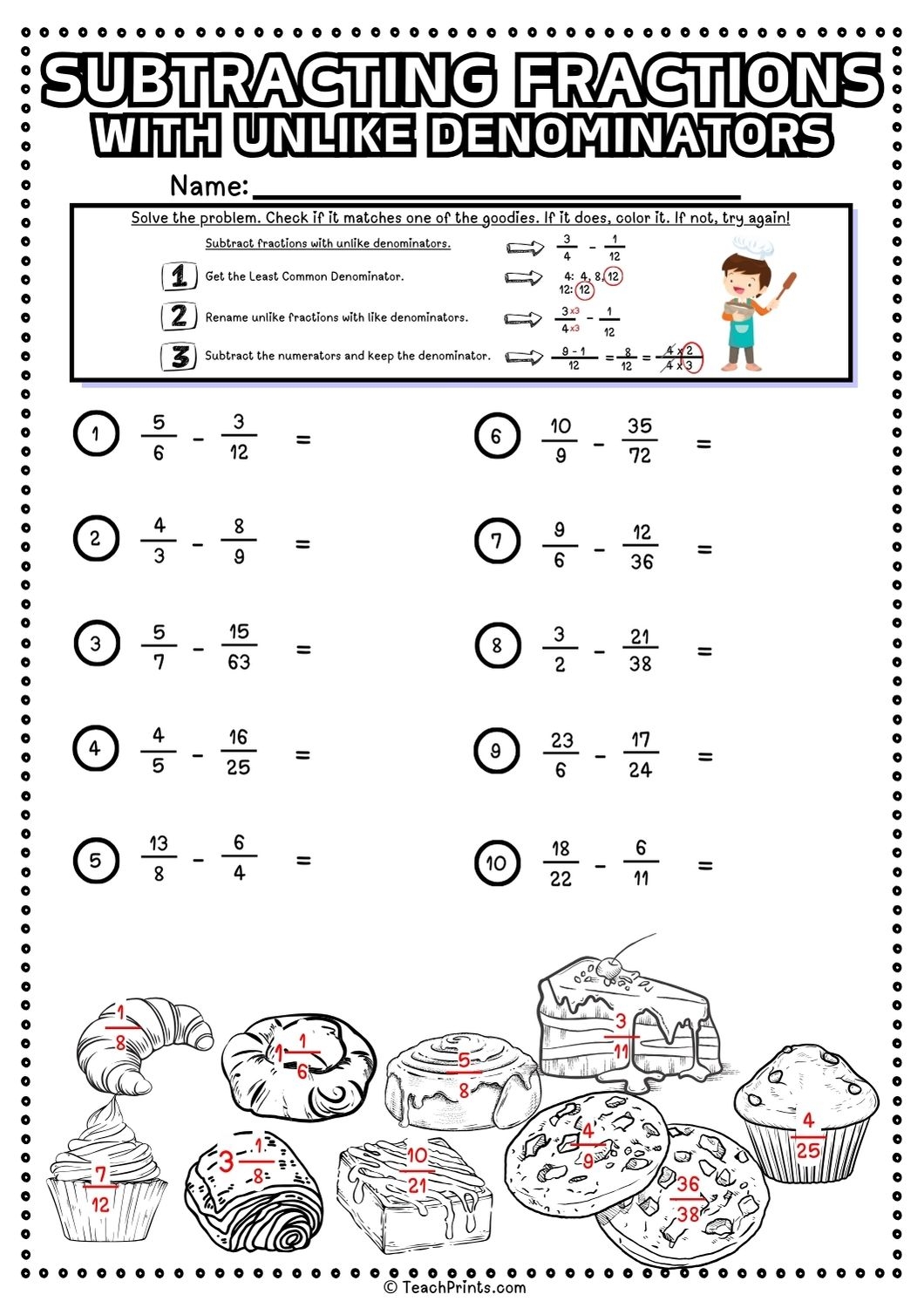Free Subtracting Fractions With Unlike Denominators Worksheets Teach Prints