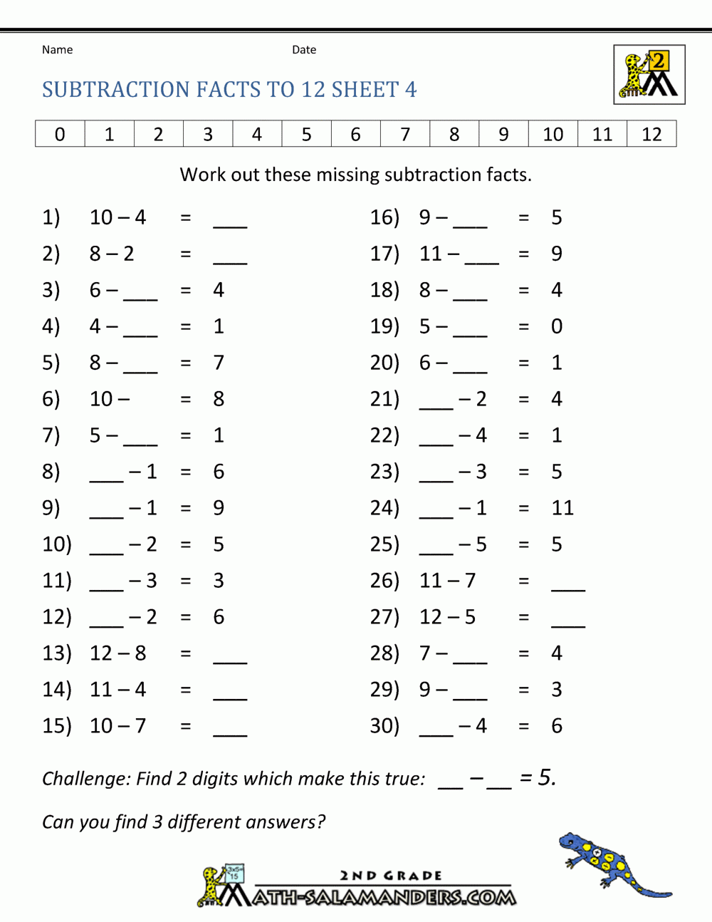 Free Subtraction Worksheets To 12