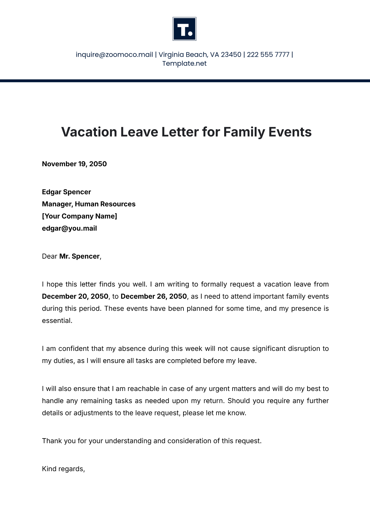 Free Vacation Leave Letter For Family Events Template To Edit Online