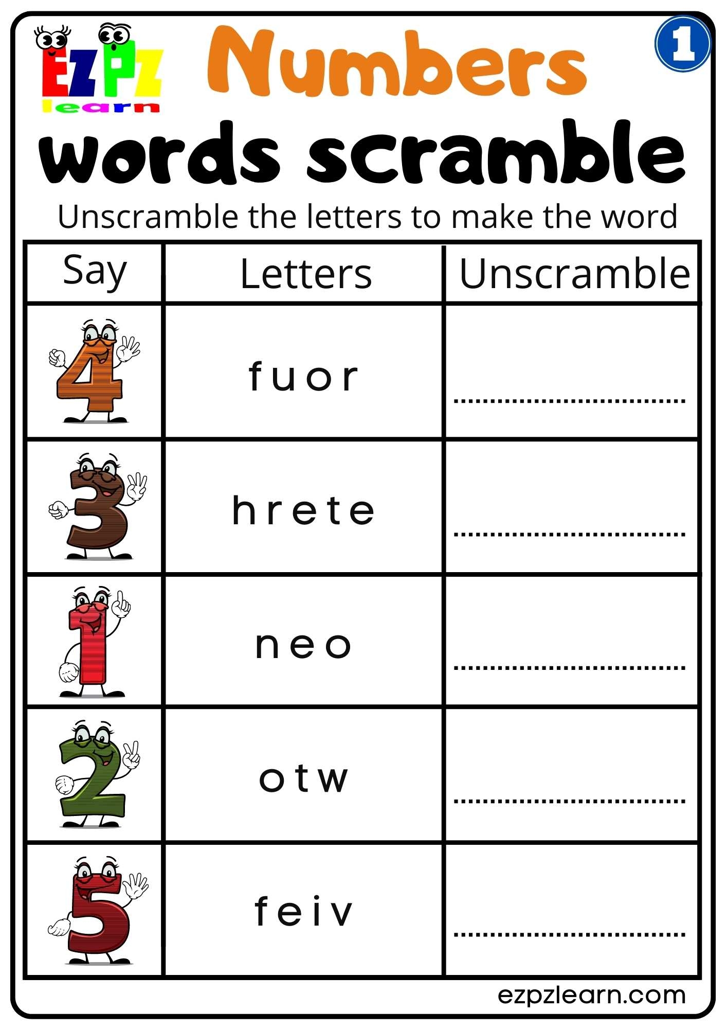 G1 Numbers Word Scramble Worksheet For Kindergarten K5 And ESL Students Free Download Ezpzlearn