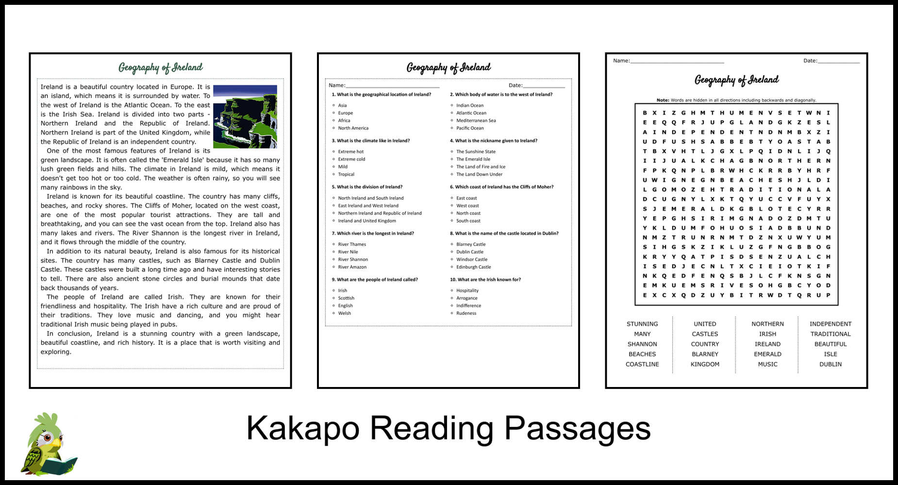 Geography Of Ireland Reading Comprehension And Word Search Teaching Resources