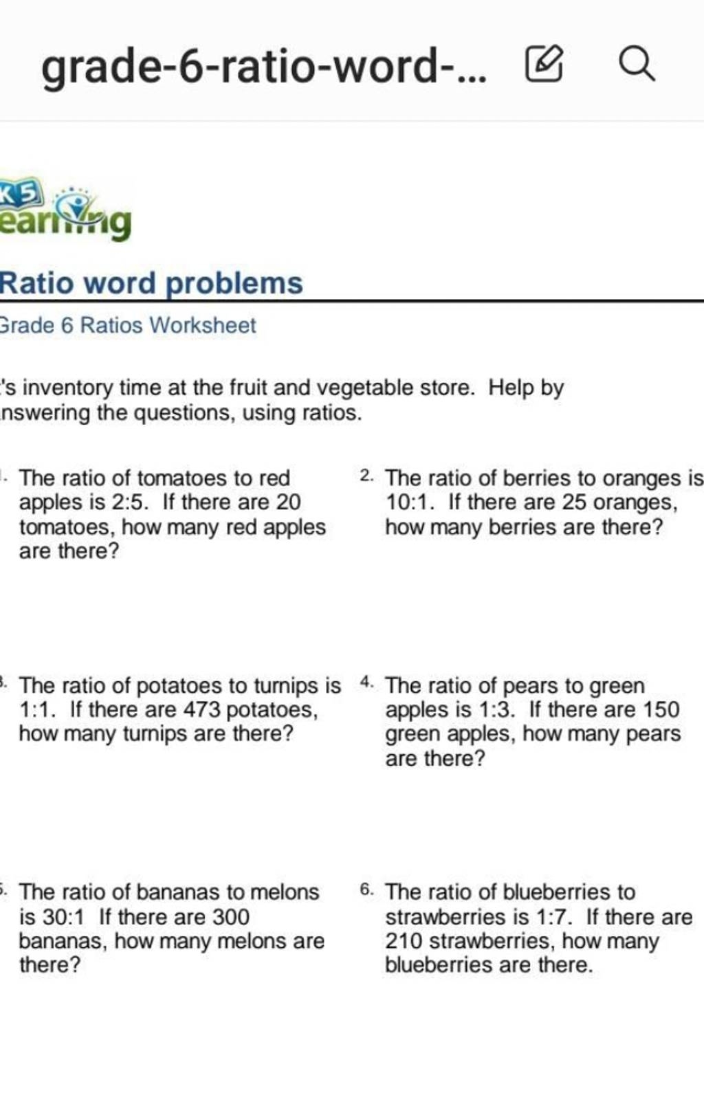 Free Printable Ratio Word Problem Worksheets