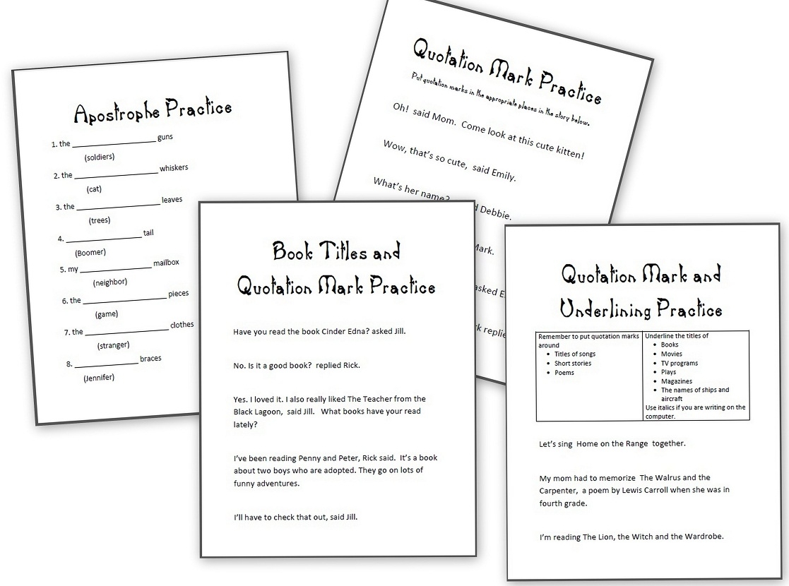Grammar Practice Sheets Apostrophes Quotation Marks And Underlining and Others Homeschool Den