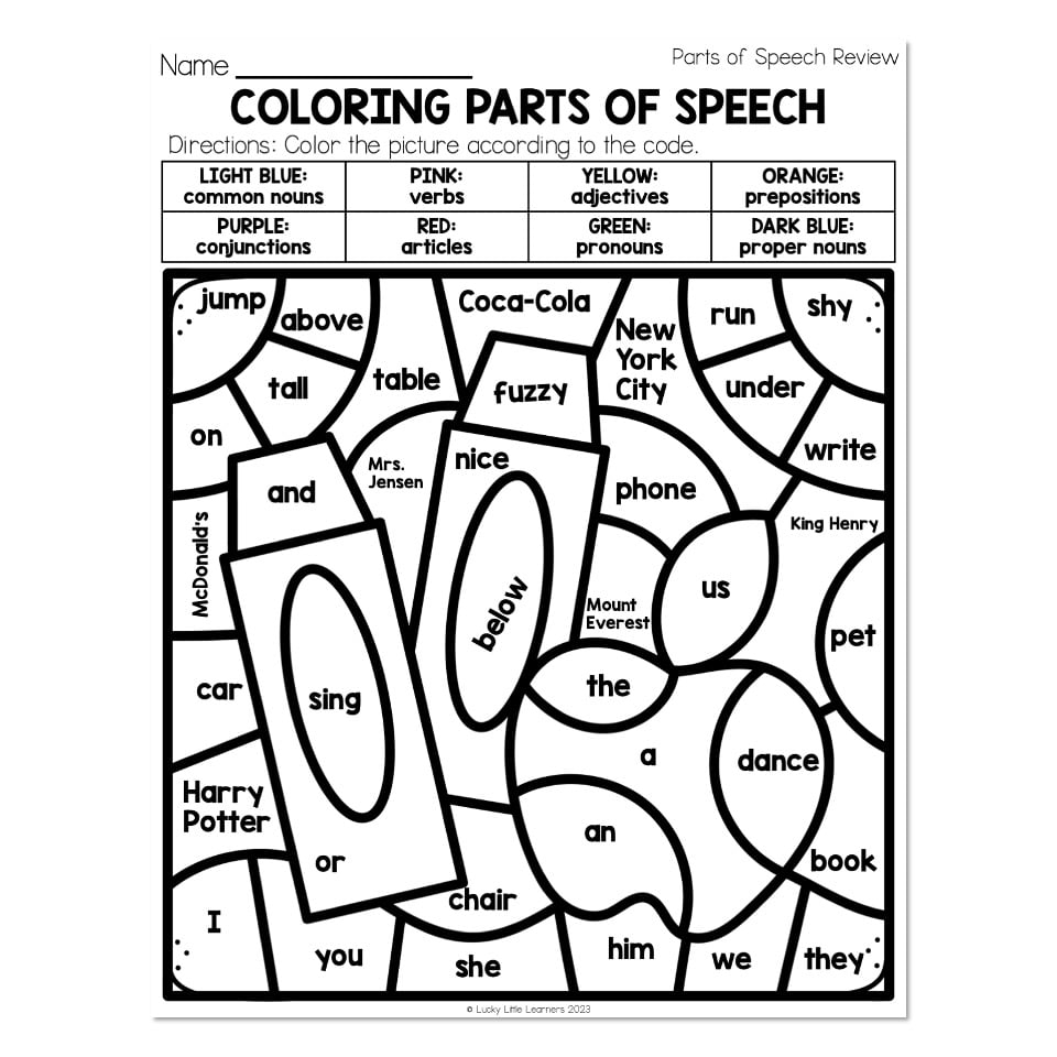 Grammar Worksheets Parts Of Speech Review Coloring Parts Of 