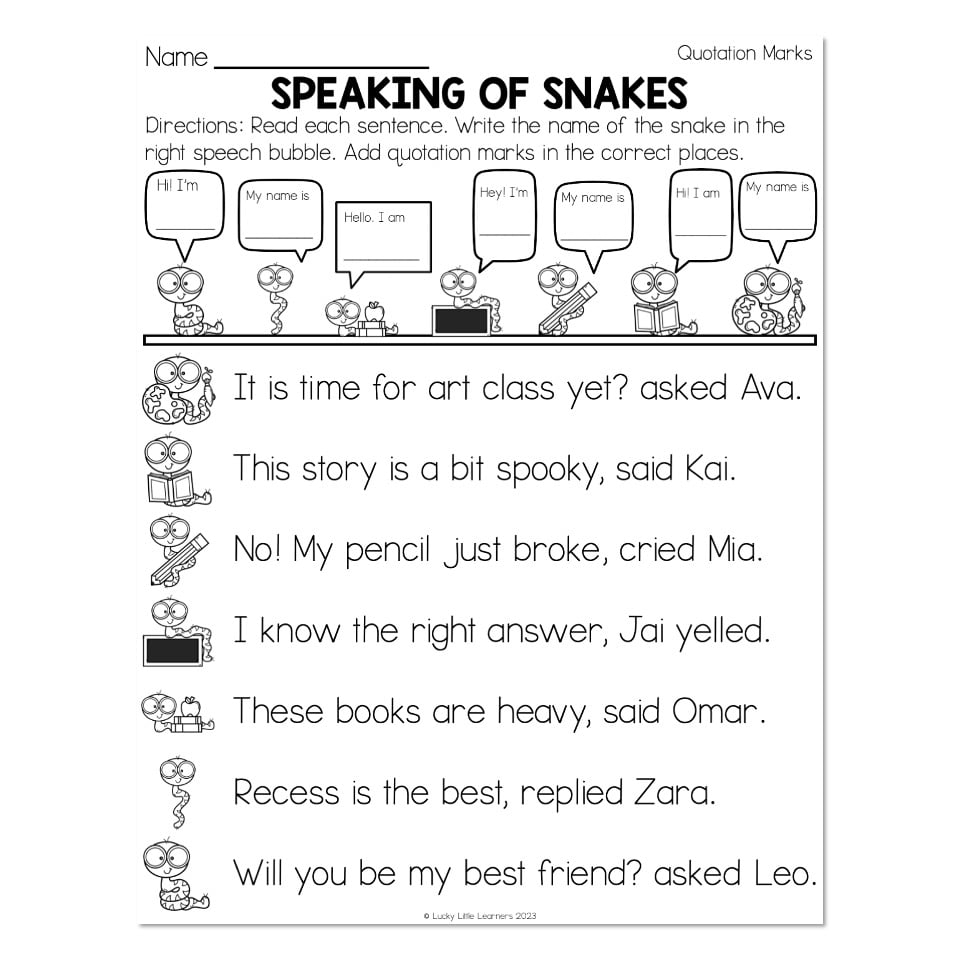 Grammar Worksheets Quotation Marks Speaking Of Snakes Lucky Little Learners