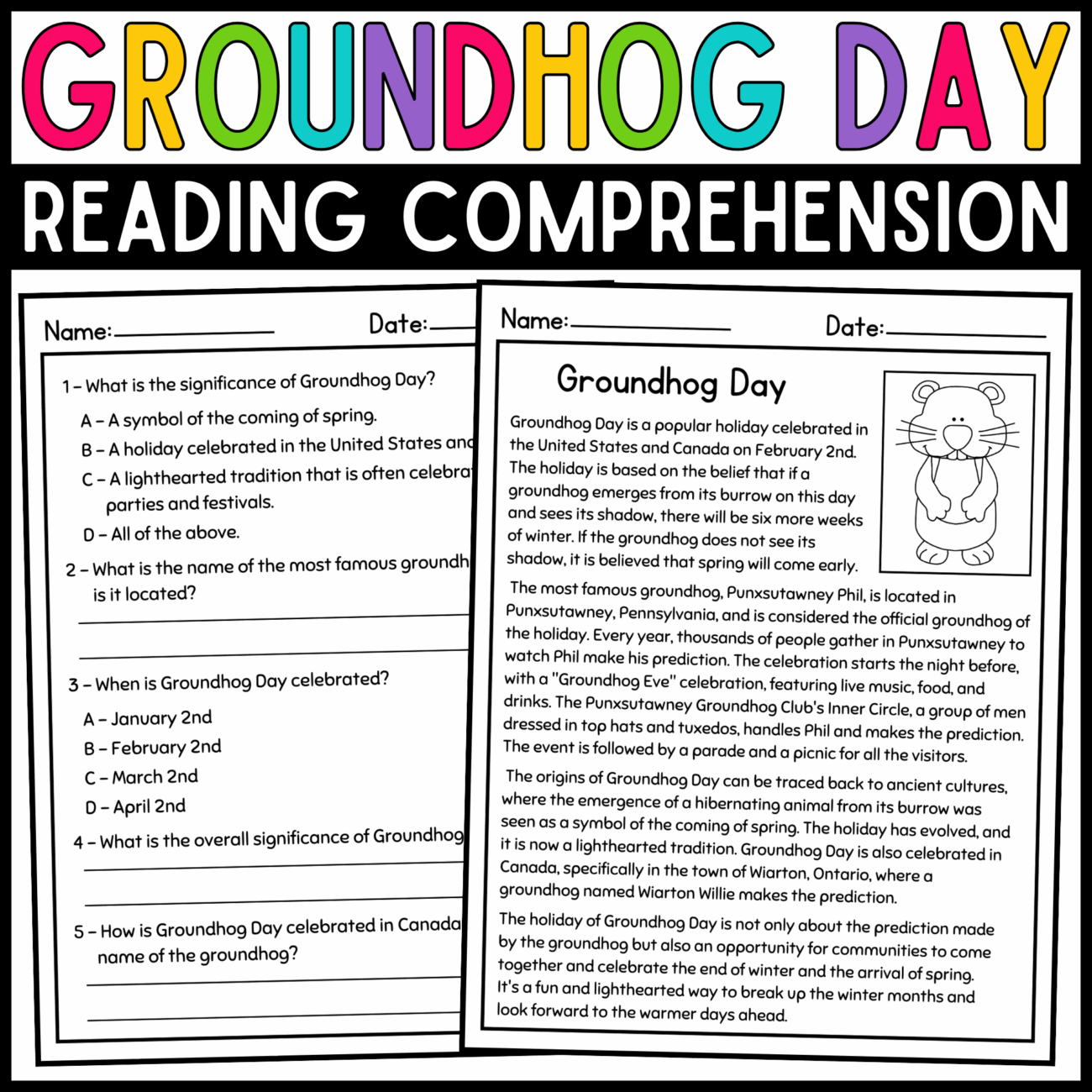 Groundhog Day Reading Comprehension Passage And Questions Groundhog Day Activities Made By Teachers