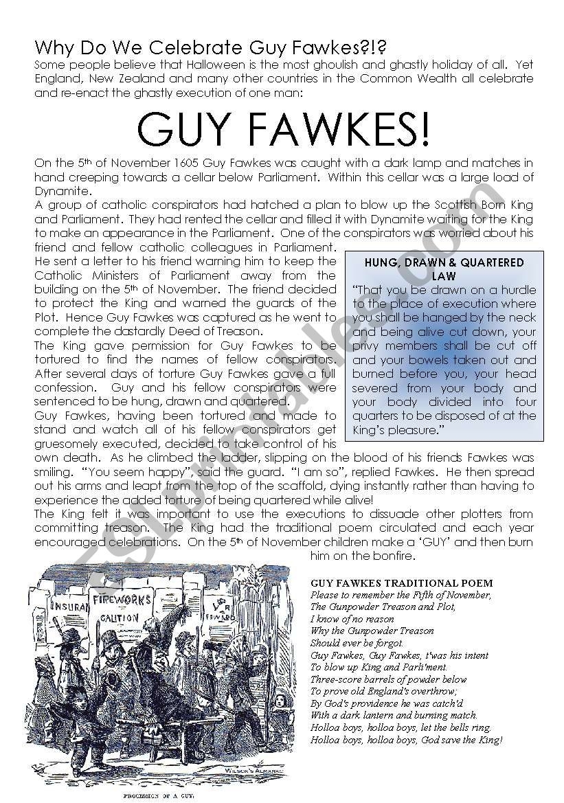 Guy Fawkes Reading Comprehension Worksheets