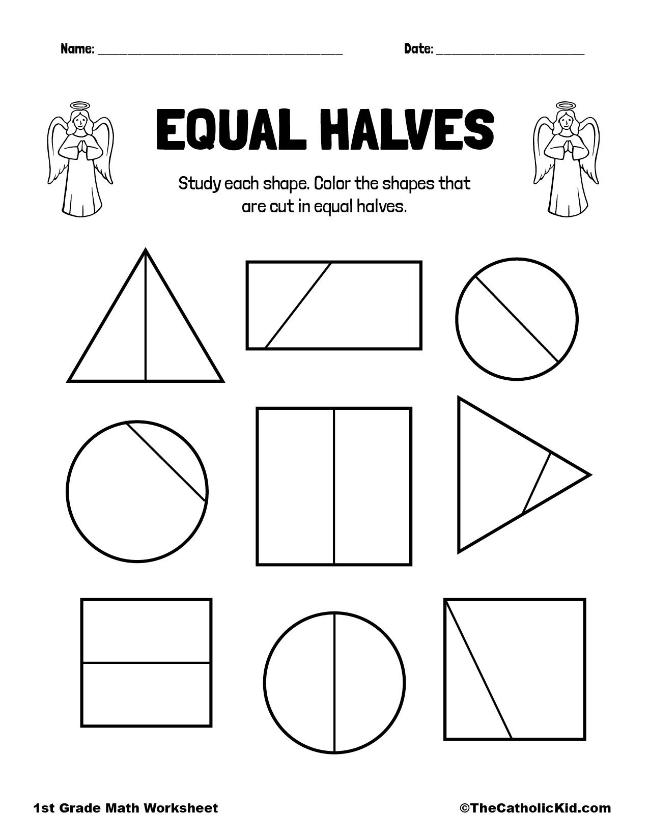 Half 1 2 Fractions 1st Grade Math Worksheet Catholic TheCatholicKid