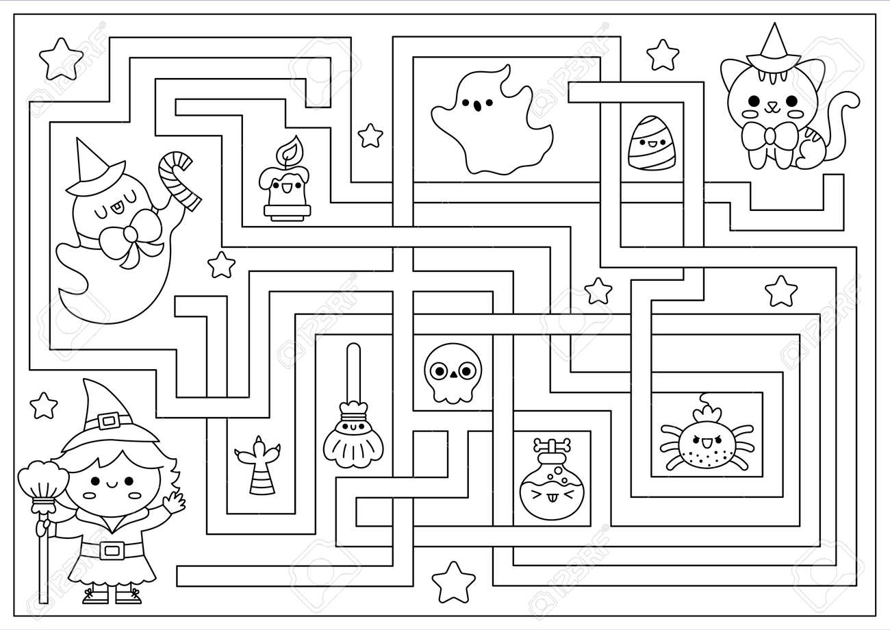 Halloween Black And White Maze For Kids Autumn Holiday Line Preschool Printable Activity With Cute Kawaii Witch Cat Ghost Scary Labyrinth Coloring Page With Cute Characters Royalty Free SVG Cliparts Vectors And Halloween Black And White Maze For Kids Autumn Holiday Line Preschool Printable Activity With Cute Kawaii Witch Cat Ghost Scary Labyrinth Coloring Page With Cute Characters Royalty Free SVG Cliparts Vectors And