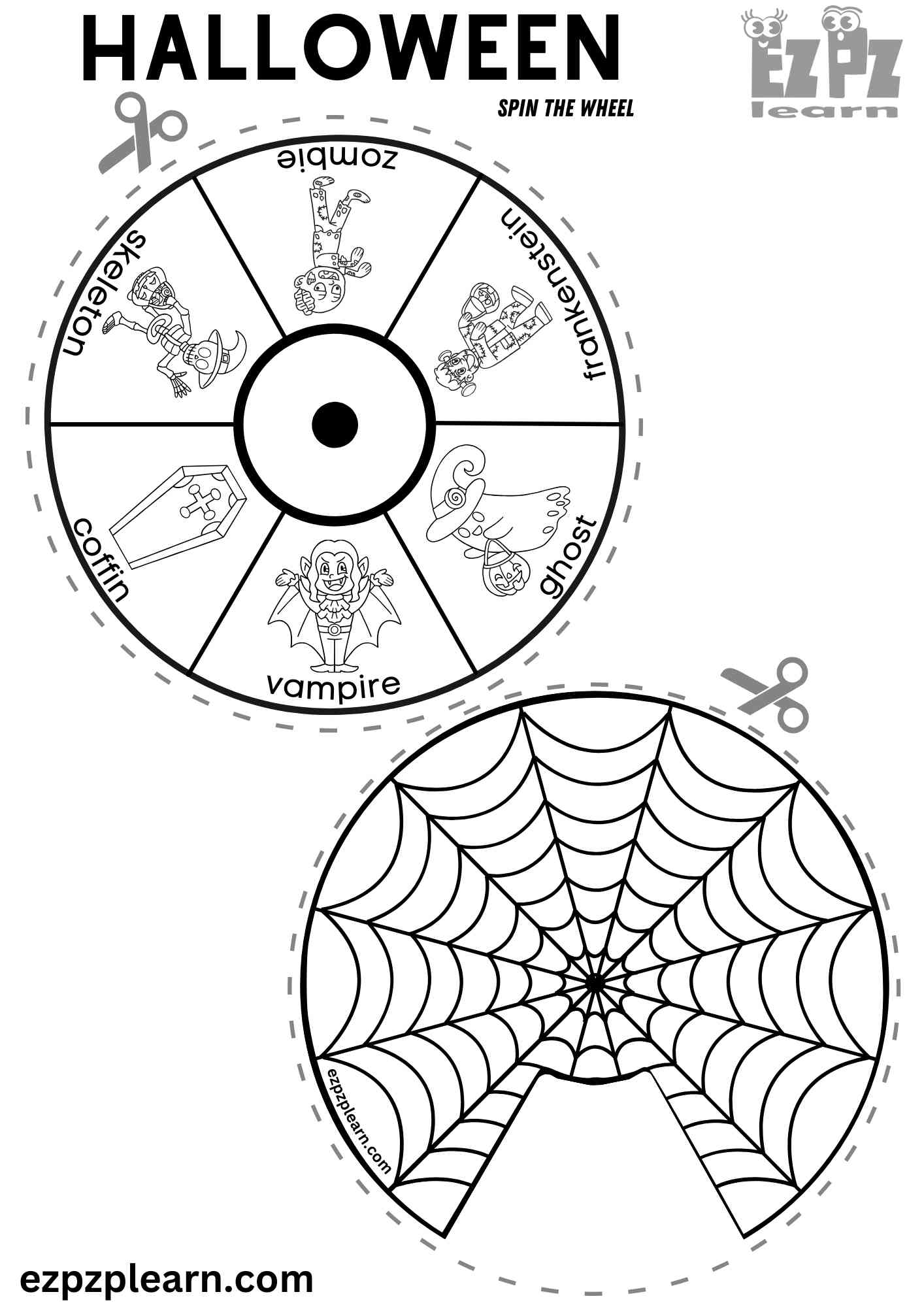 Halloween Holiday Vocabulary Word Wheel Spinner Coloring Activity For Kids2 Free Printable PDF Ezpzlearn