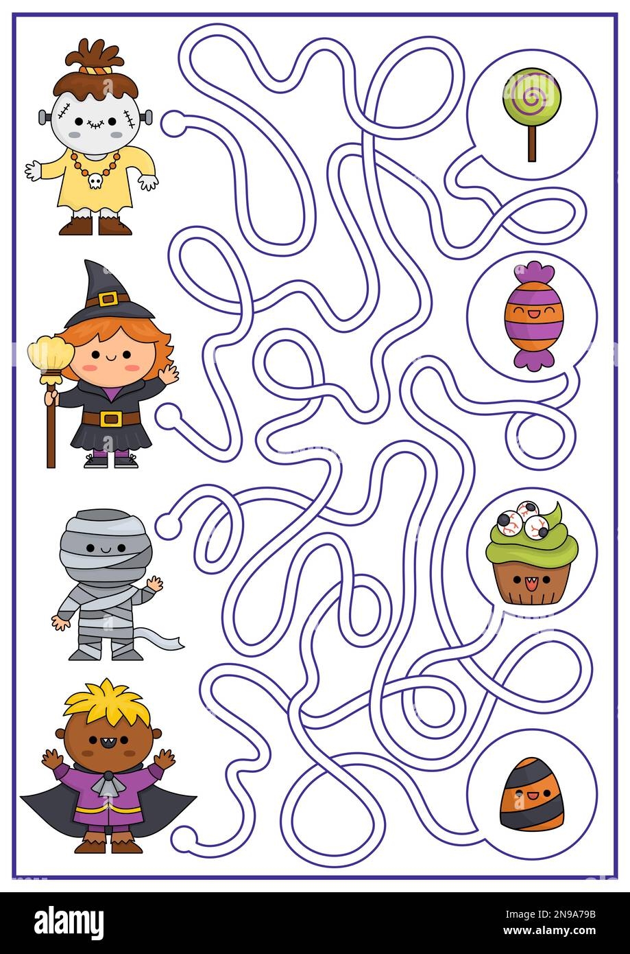 Halloween Maze For Kids Autumn Holiday Preschool Printable Activity With Cute Kawaii Children And Sweets Scary Labyrinth Game With Cute Characters Stock Vector Image U0026 Art Alamy