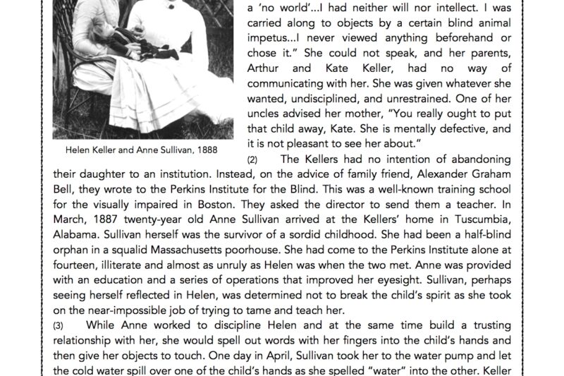 Helen Keller Reading Comprehension Worksheet