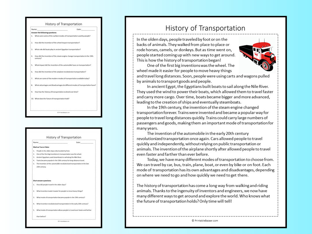 History Of Transportation Reading Comprehension Passage Printable Worksheet Teaching Resources