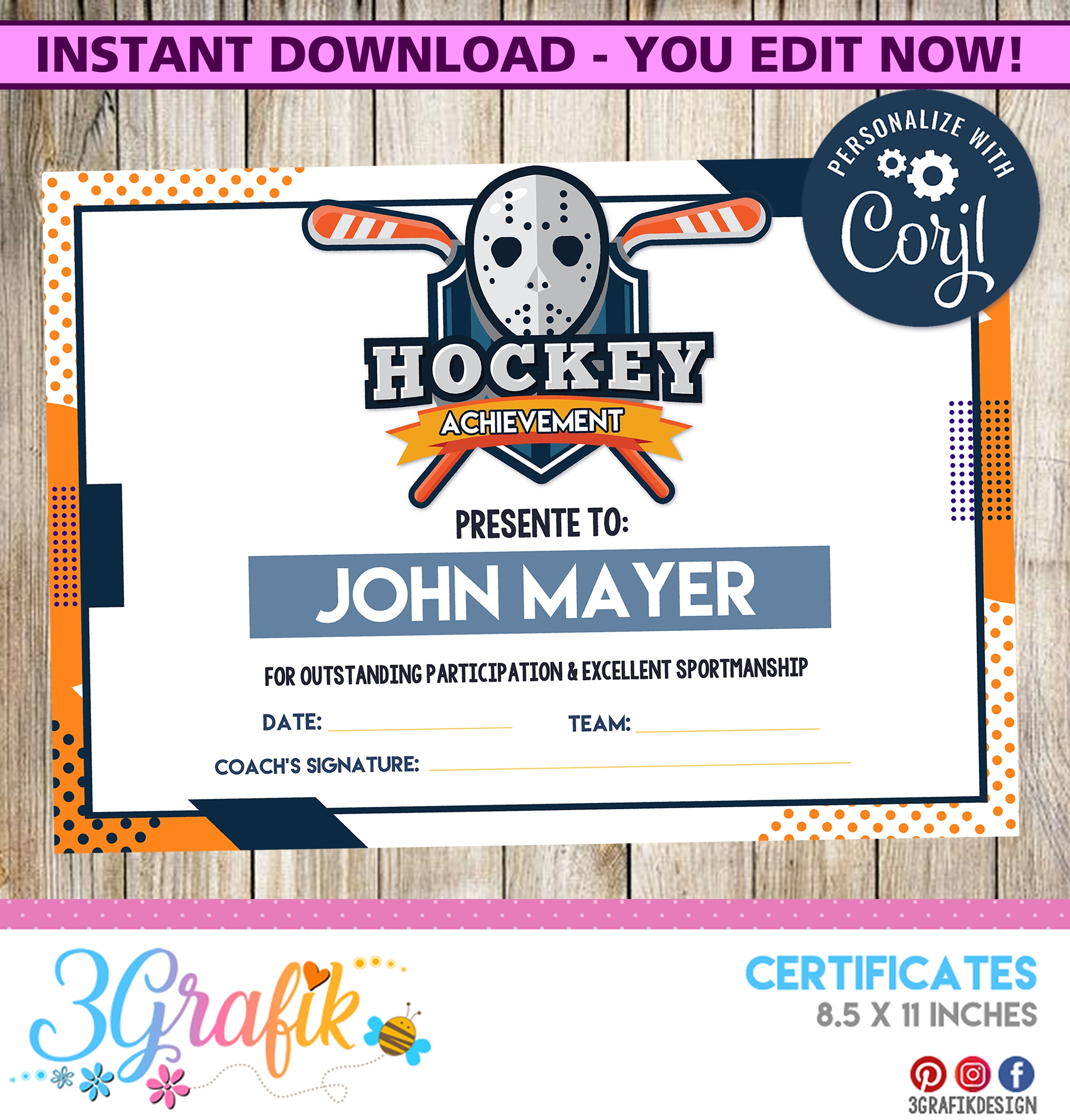 Hockey Digital Template Certificate 3Grafik