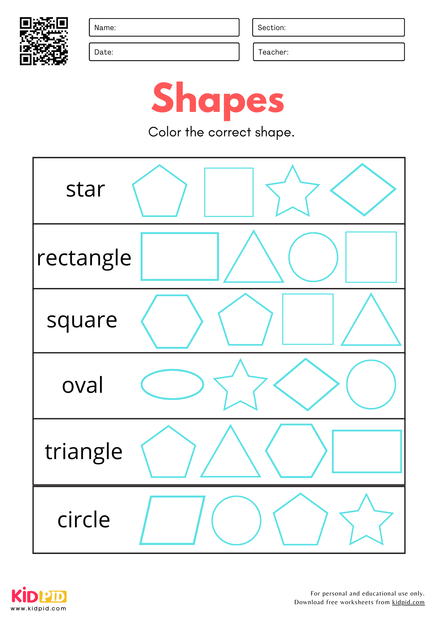 Free Printable Shapes For Kids Worksheet