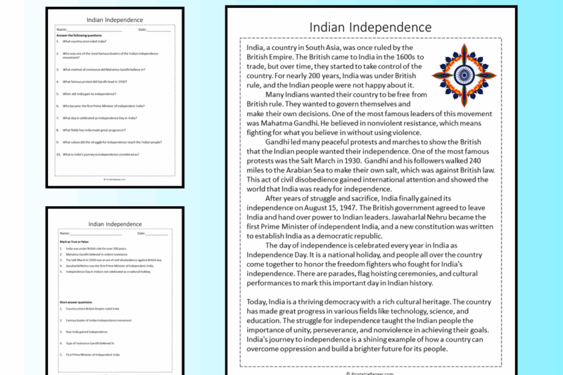Indian Independence Day Reading Comprehension Worksheet
