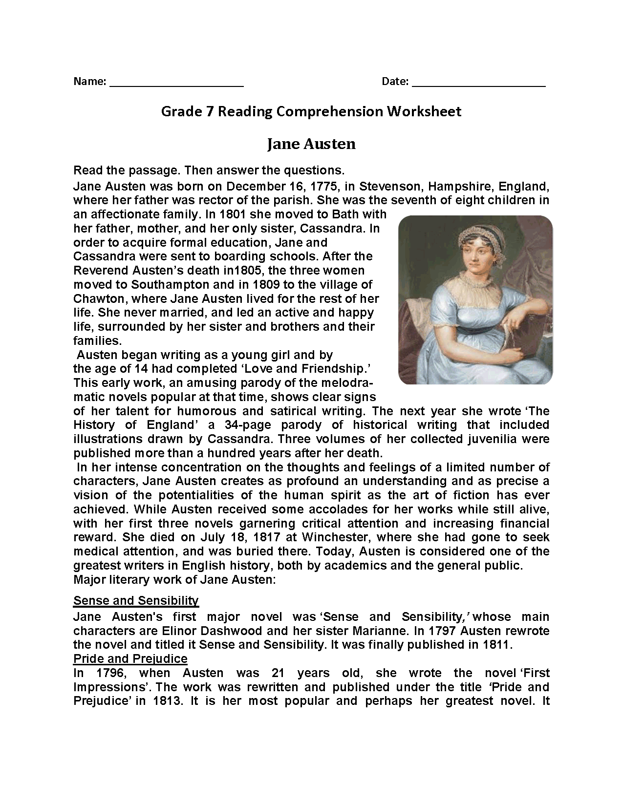 Jane Austenu003cbru003eSeventh Grade Reading Worksheets Comprehension 