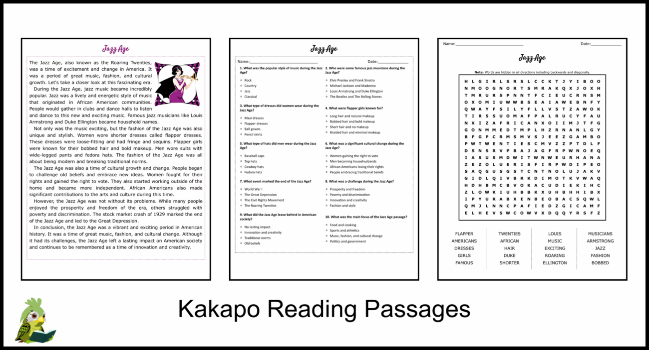 Jazz Age Reading Comprehension And Word Search Teaching Resources