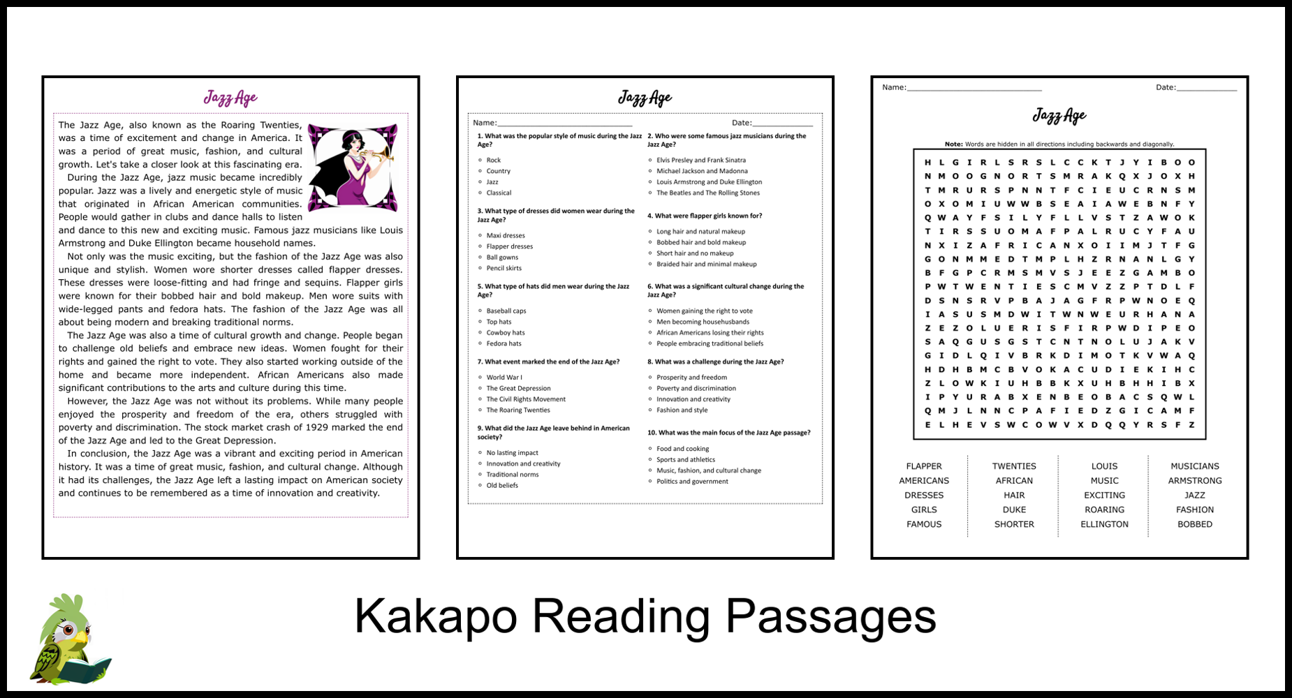 Jazz Age Reading Comprehension And Word Search Teaching Resources