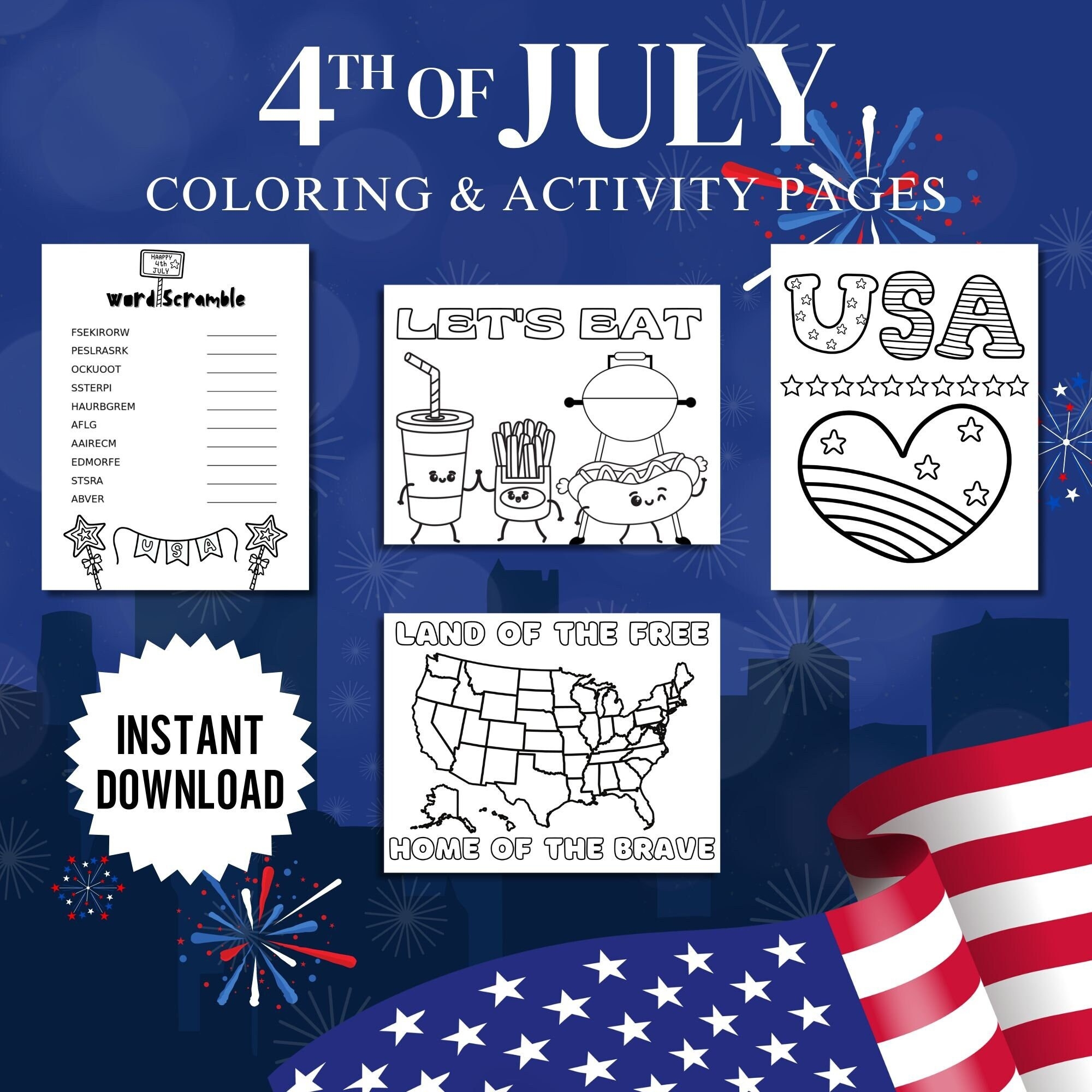 July 4th Coloring Activity Pages 4th Of July Printable Activities Patriotic Coloring Word Scramble Printable Firework Word Search Party Game