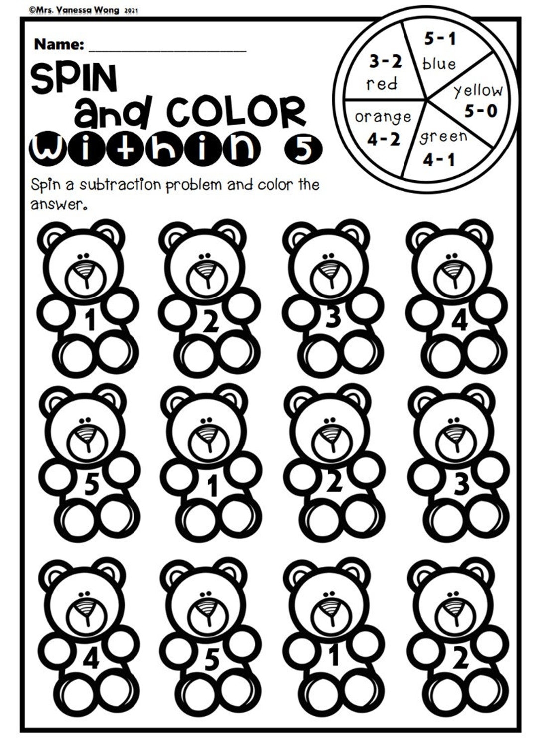Kindergarten Math Worksheets Roll And Spin Subtraction Etsy
