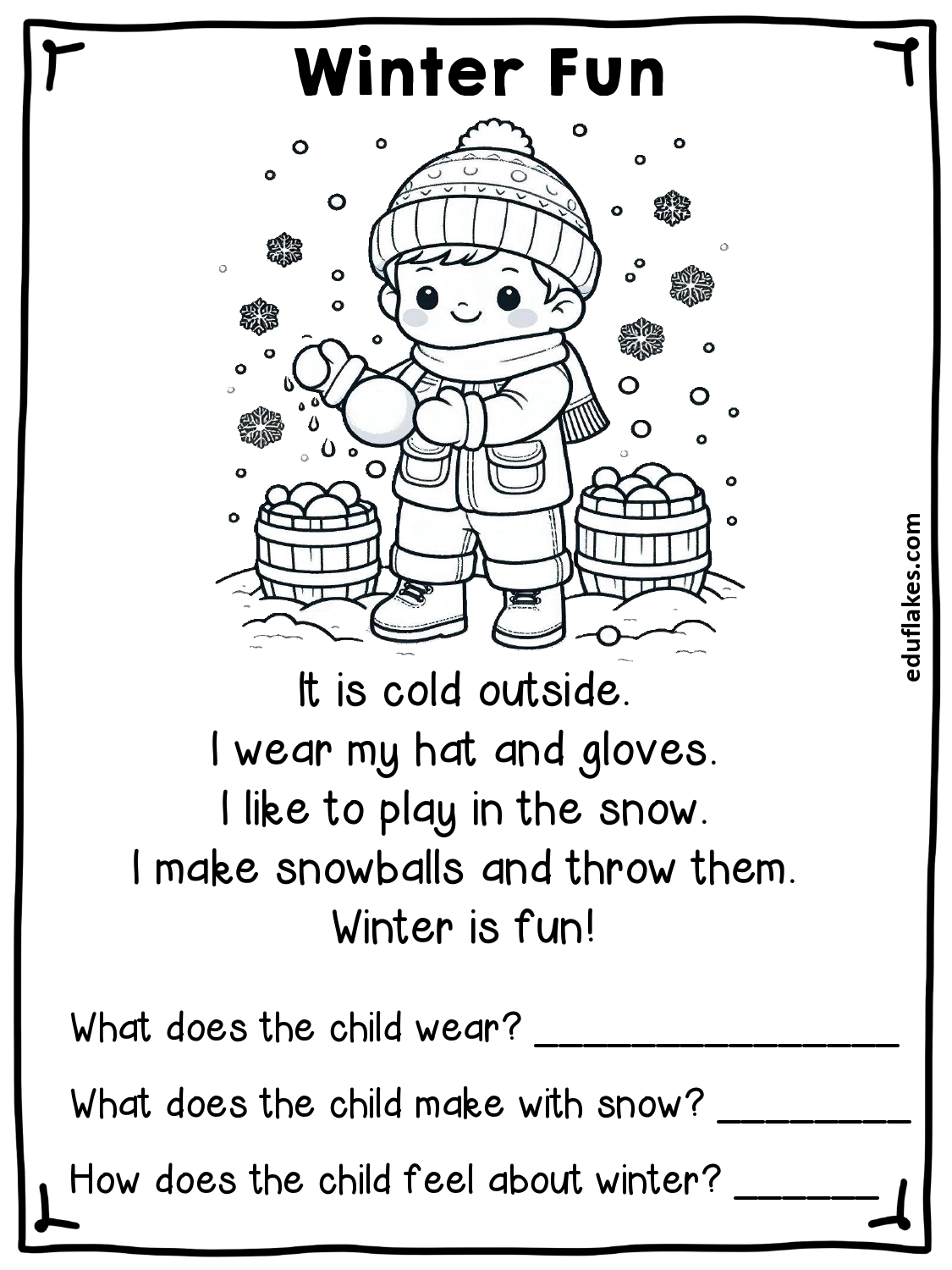 Kindergarten Winter Reading Comprehension Free PDF Eduflakes