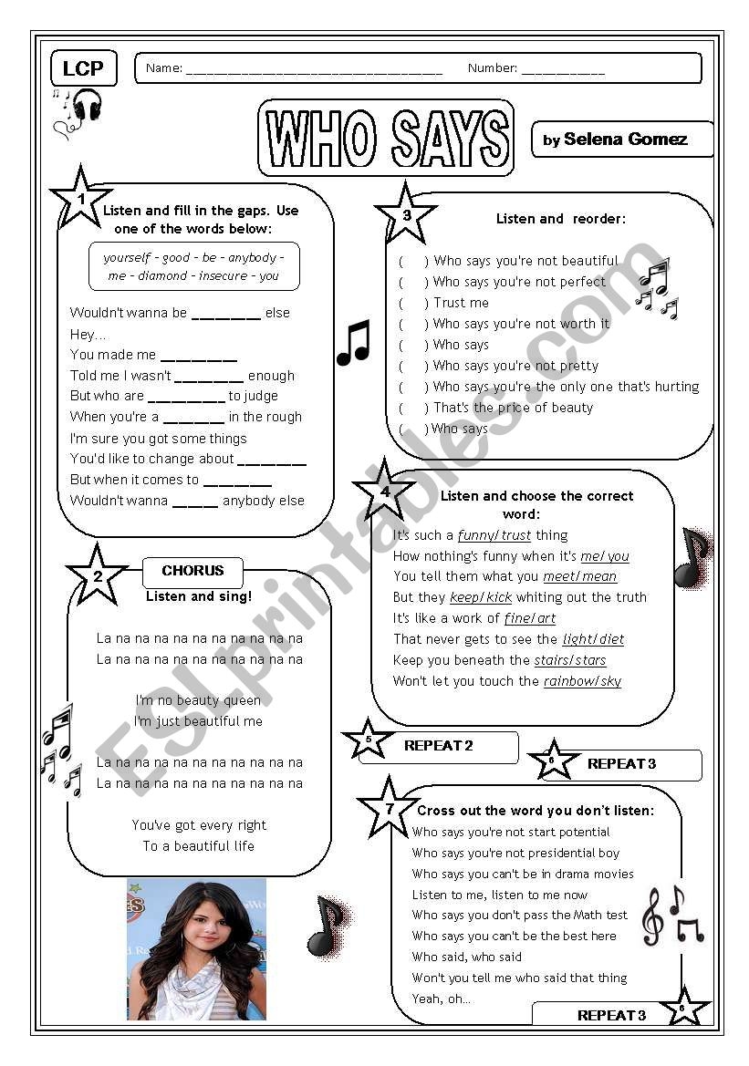 LCP Who Says Selena Gomez ESL Worksheet By Agostine 