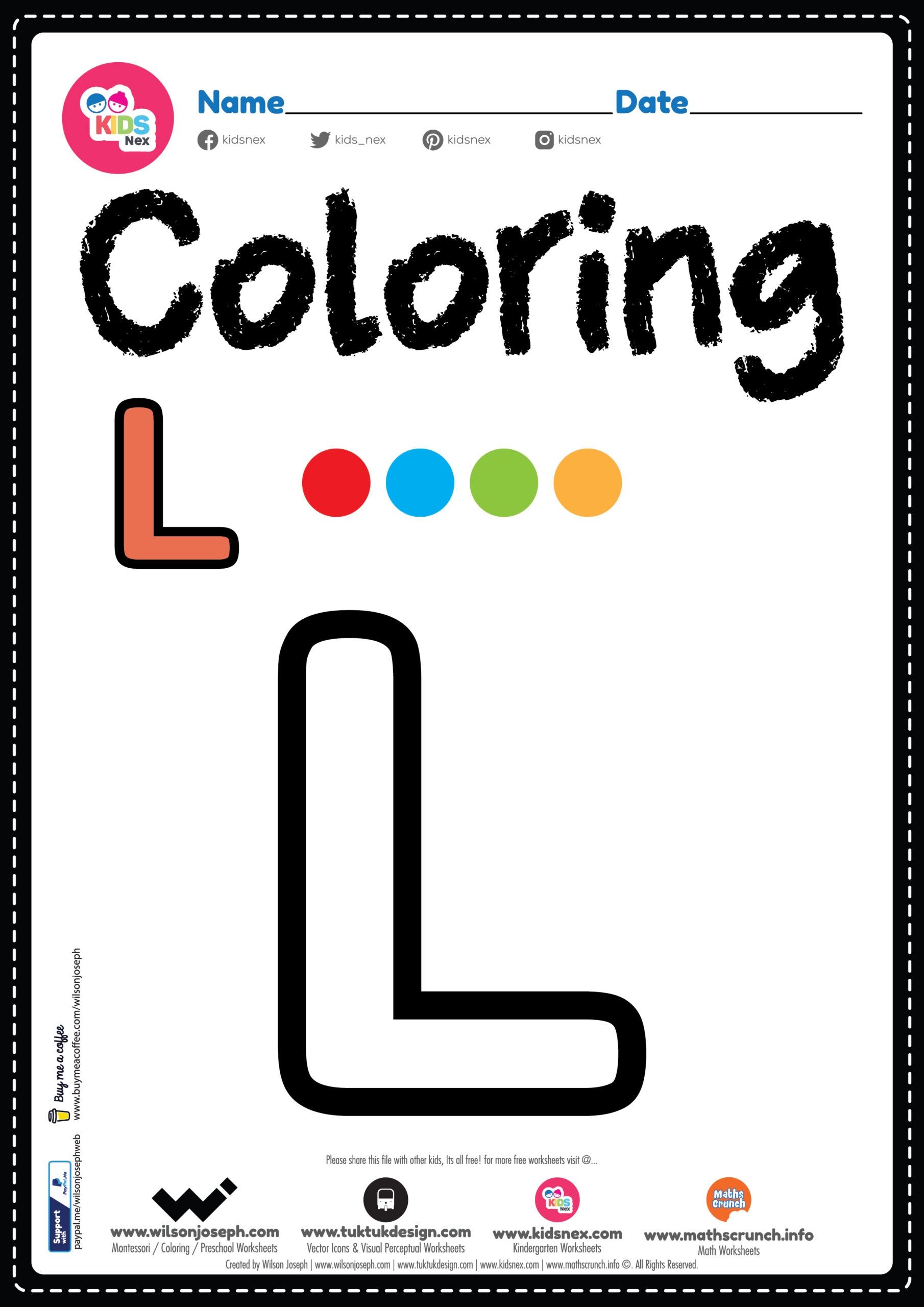 Letter L Alphabet Coloring Page Worksheet Free Printable PDF