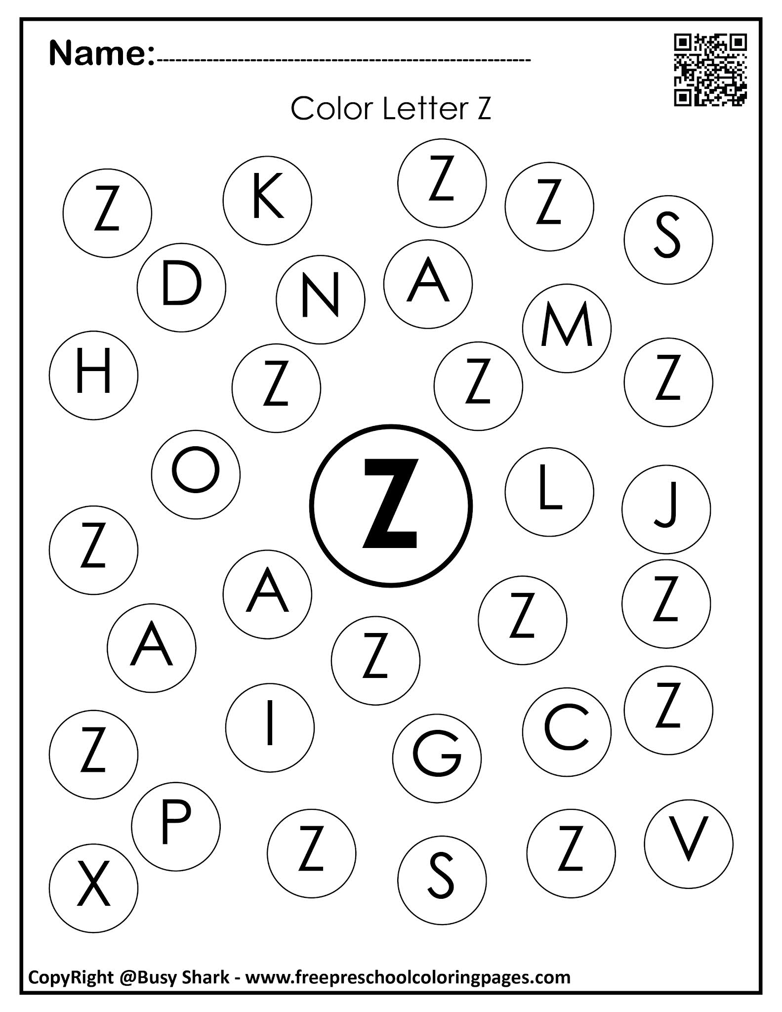 Letter Z Preschool Printables