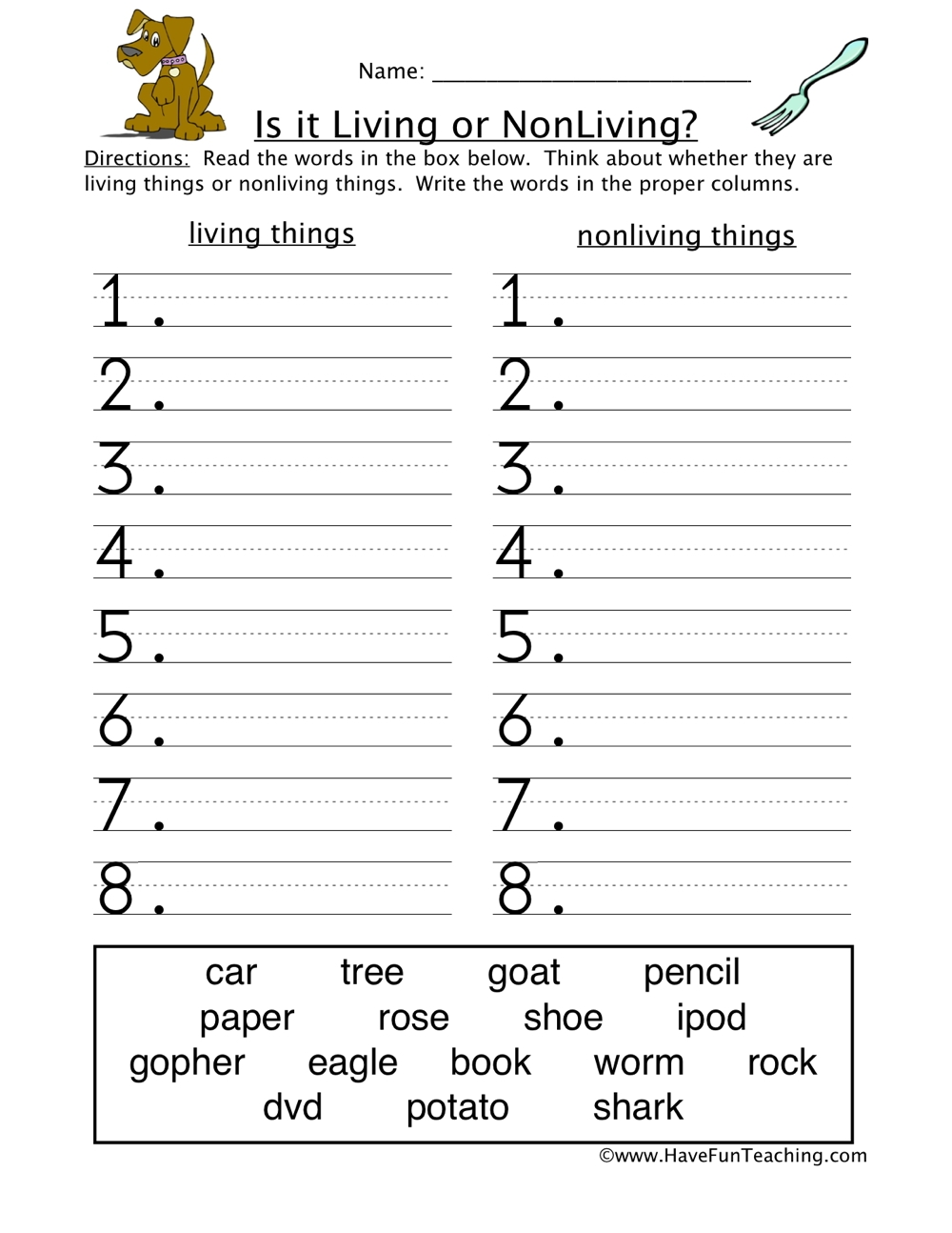 Living And Nonliving Free Kindergarten Worksheet