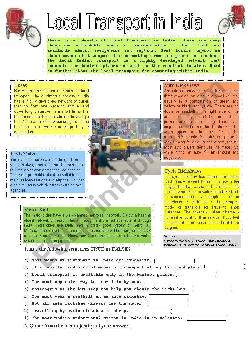 Local Transport In India READING ABOUT MEANS OF TRANSPORT ESL Worksheet By Elisabeteguerreiro