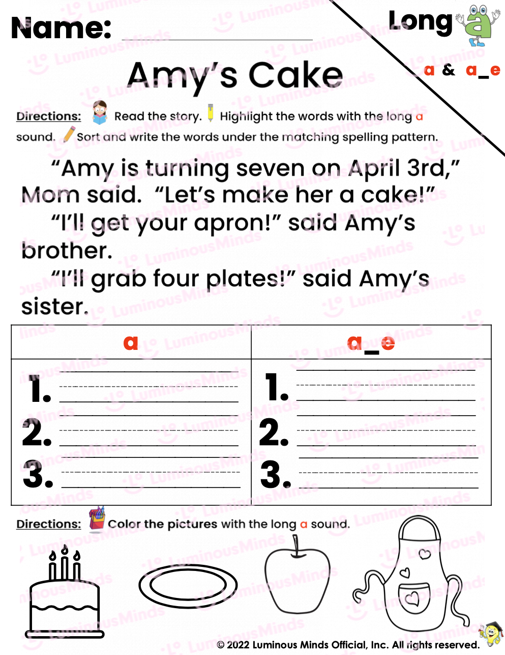 Long A Worksheet Amy s Cake A And A E