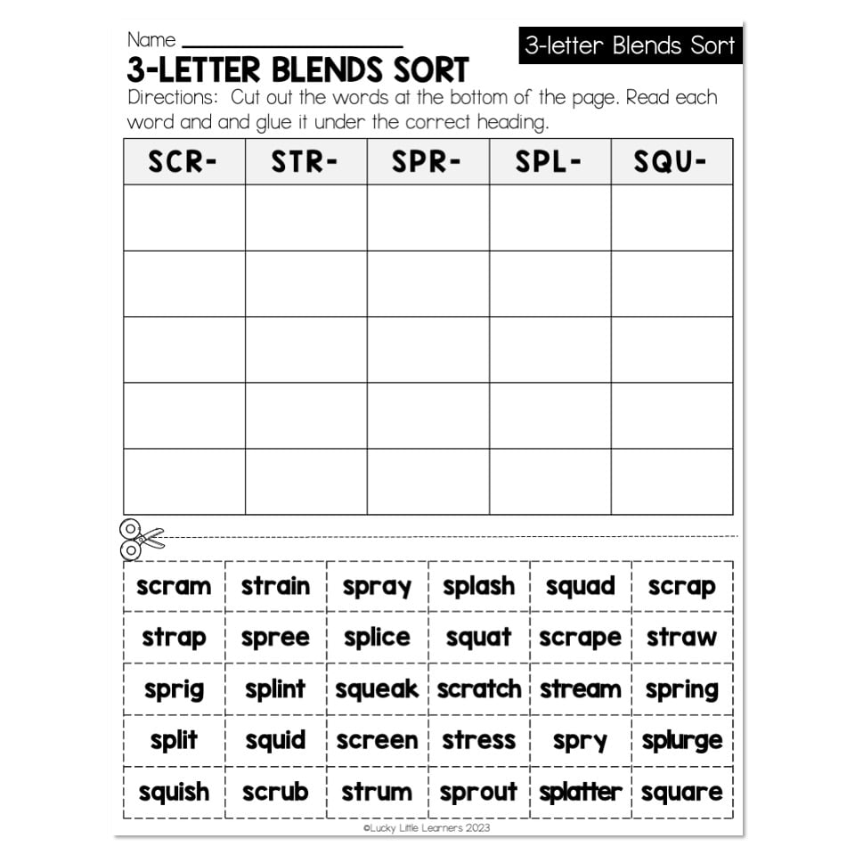 Lucky To Learn Phonics 3 letter Blends Word Sort Lucky Worksheets Library