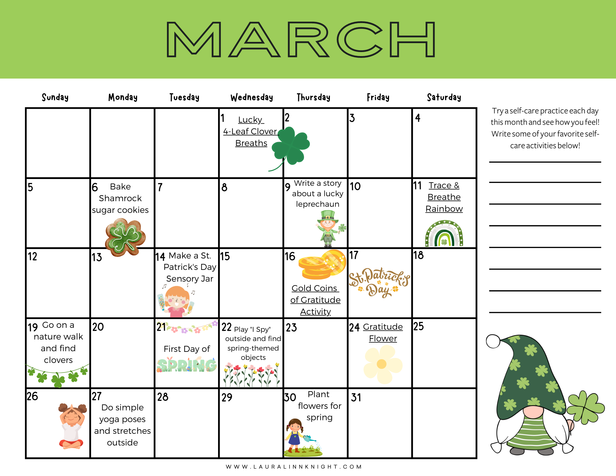 March 2023 Self Care Calendar For Kids FREE Printable Calendar 