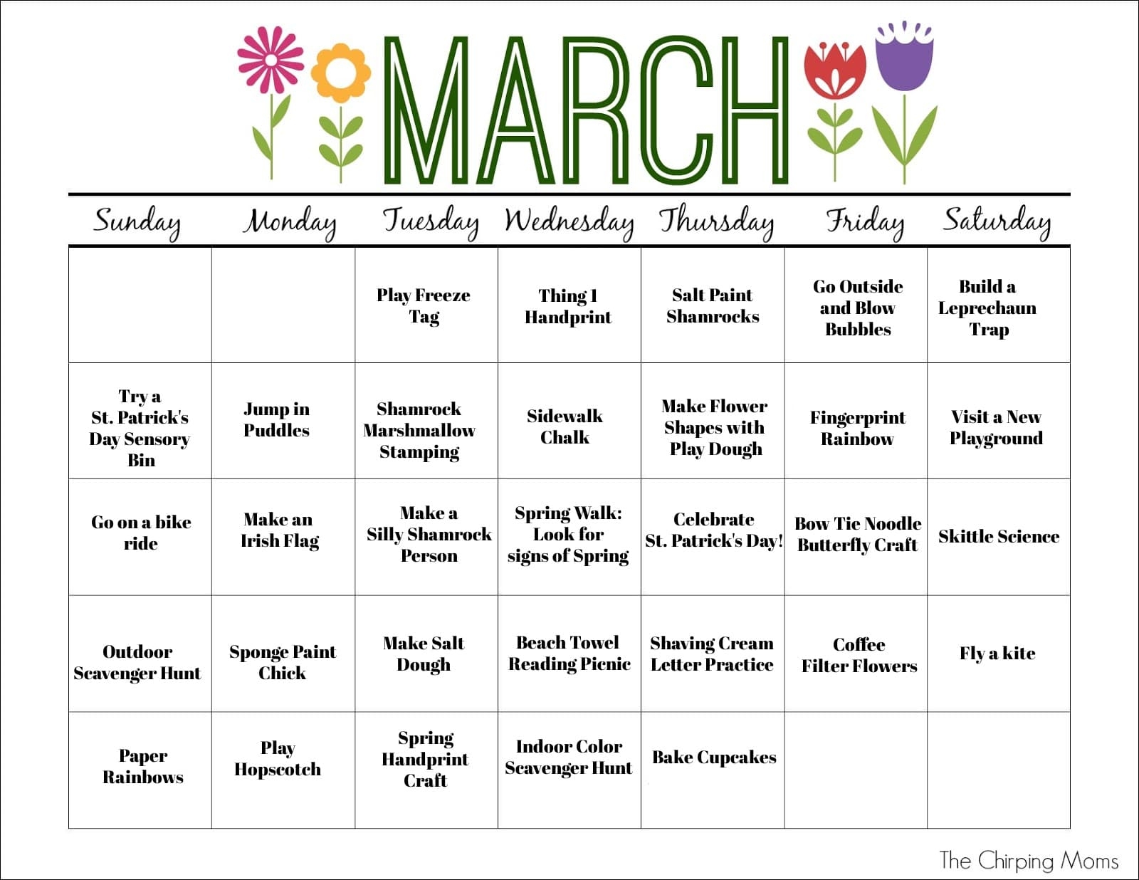 March Activity Calendar For Kids The Chirping Moms
