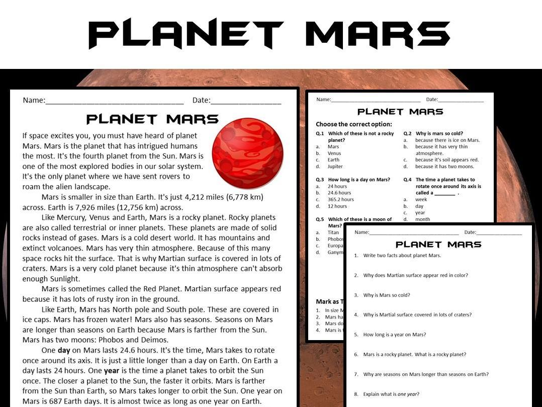 Mars Reading Comprehension Passage And Questions PDF Teaching Resources