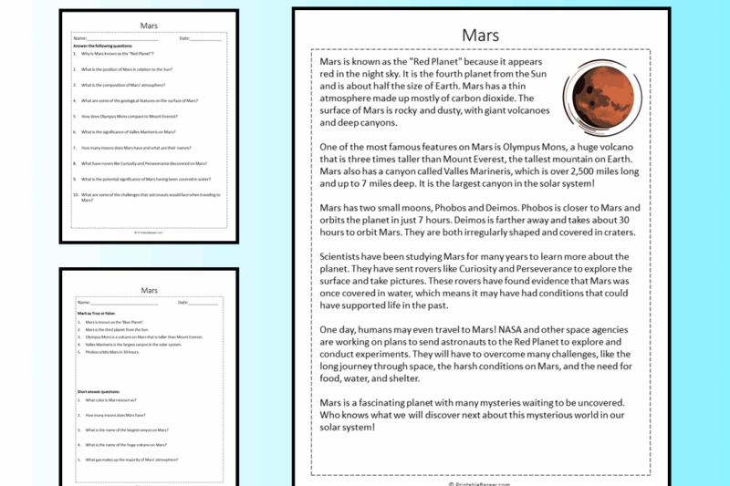 Mars Reading Comprehension Worksheet Answers