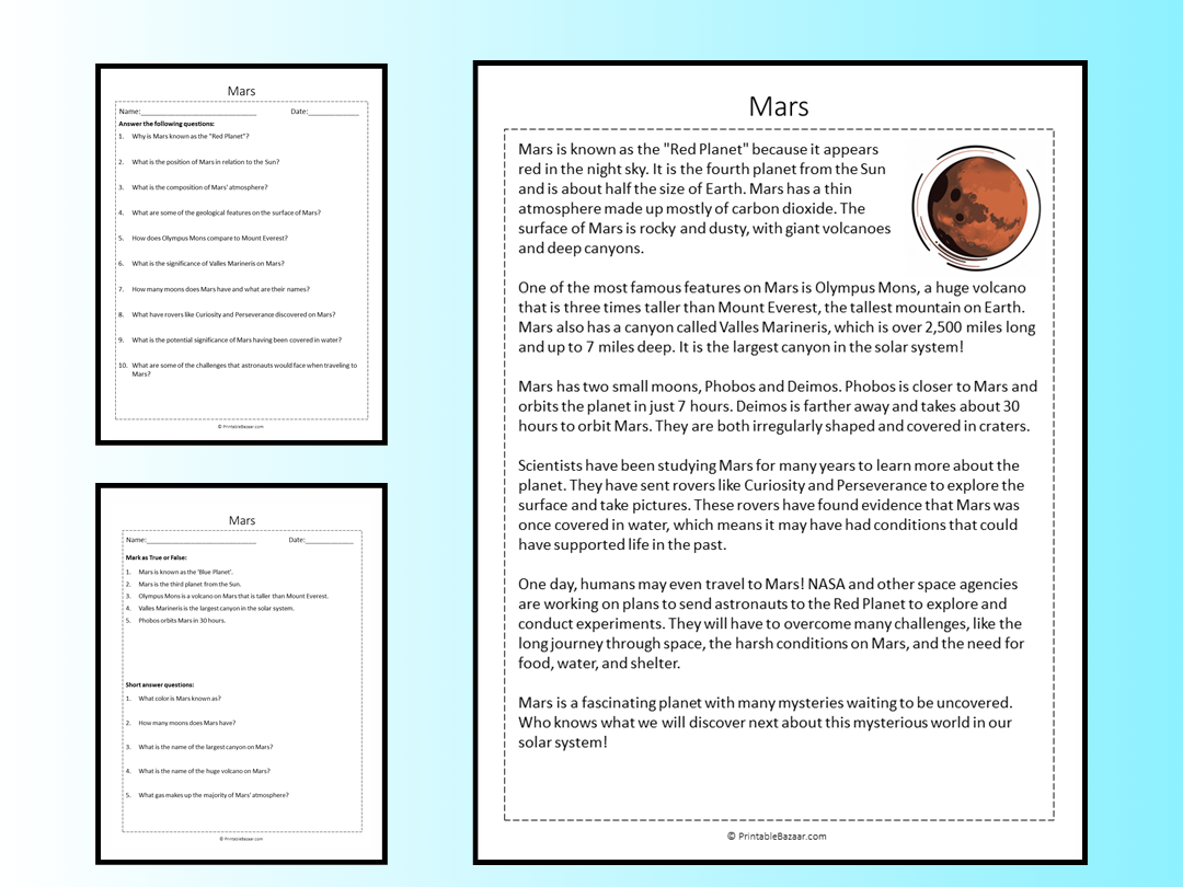 Mars Reading Comprehension Passage Printable Worksheet Teaching Resources