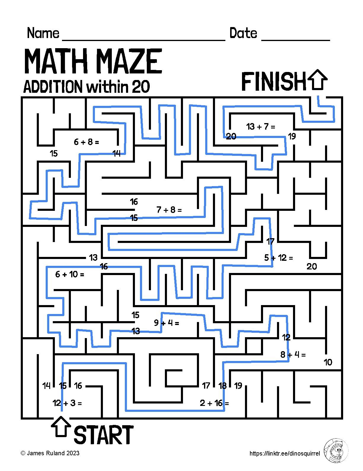 MATH MAZE Addition And Subtraction Within 20 Customizable Math 