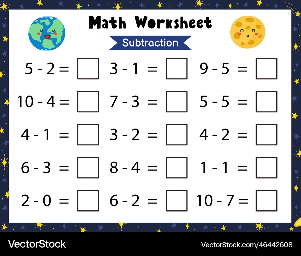 Math Worksheet For Kids Subtraction Space Vector Image
