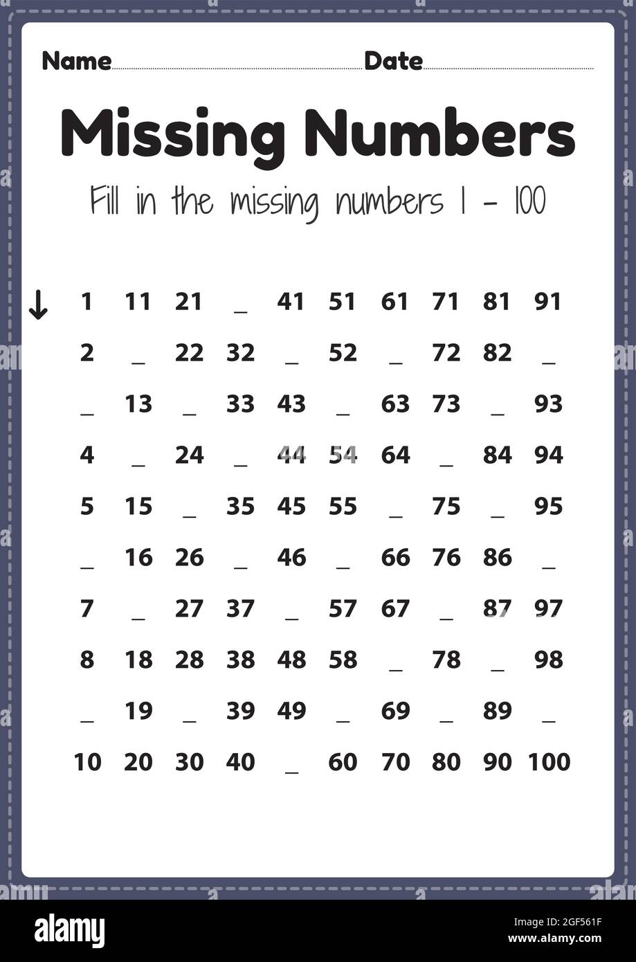 Maths Worksheet For Nursery Missing Numbers 1 To 100 Printable Sheet For Preschool And Kindergarten Kids Activity To Learn Basic Mathematics Skills Stock Vector Image U0026 Art Alamy