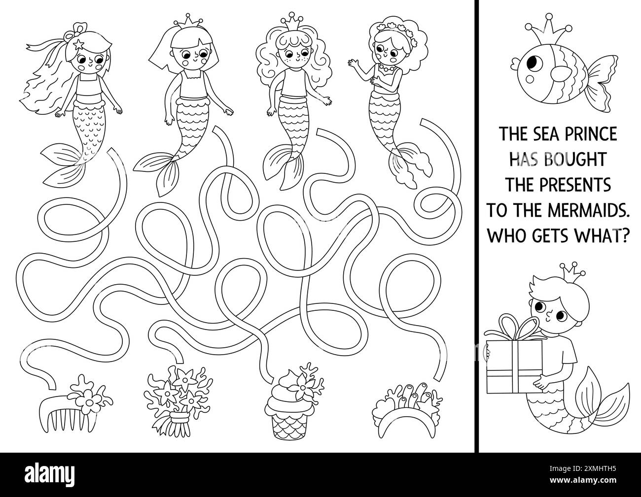 Mermaid Black And White Maze For Kids With Price Giving Presents Marine Preschool Printable Activity Fairytale Ocean Kingdom Labyrinth Game Colorin Stock Vector Image U0026 Art Alamy