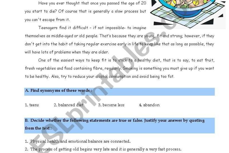 Health And Fitness Reading Comprehension Worksheets