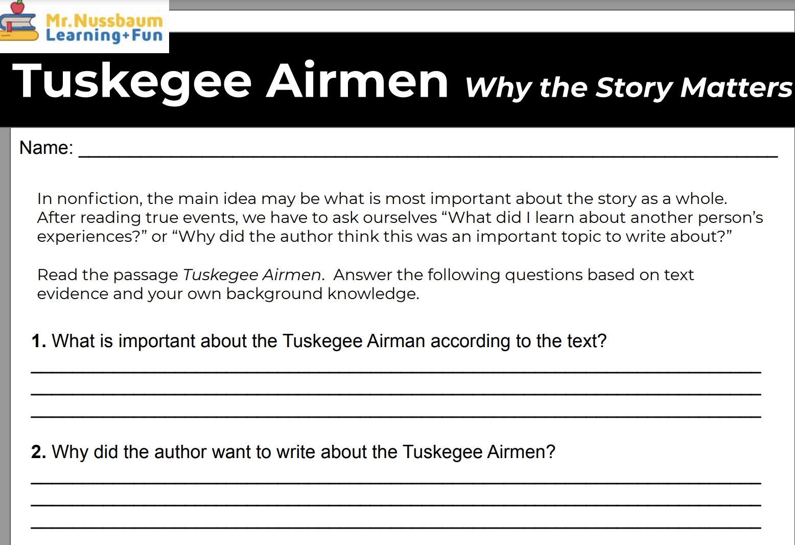 Tuskegee Airmen Reading Comprehension Worksheet Pdf